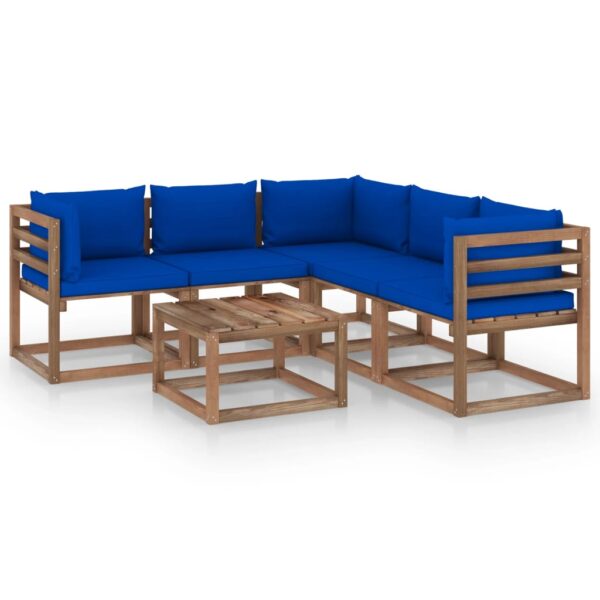 6-delige Loungeset met blauwe kussens geïmpregneerd grenenhout