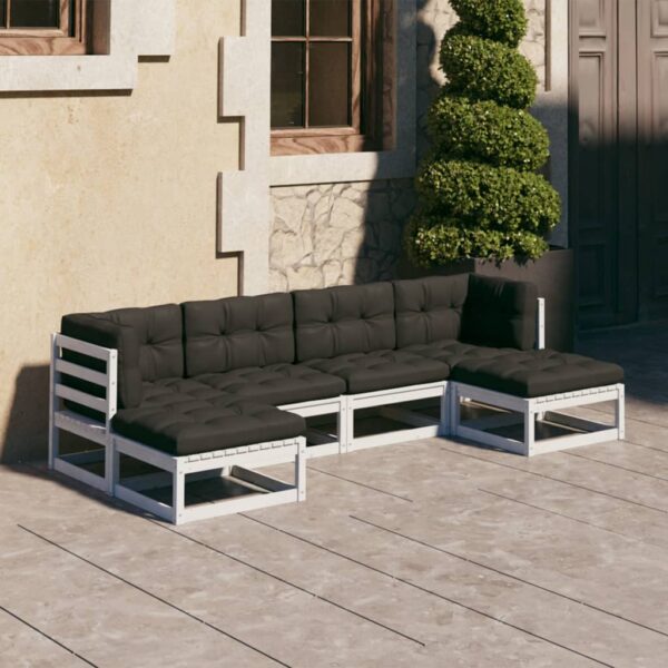 6-delige Loungeset met kussens massief grenenhout wit