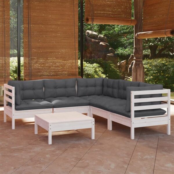 6-delige Loungeset met kussens massief grenenhout wit