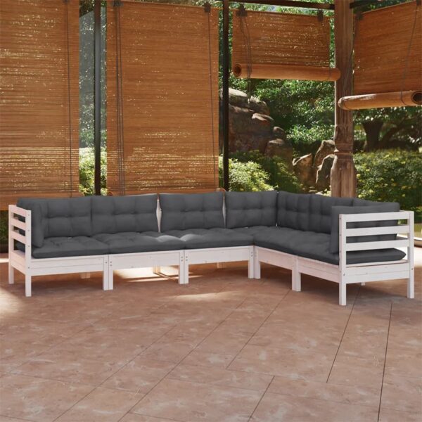 6-delige Loungeset met kussens massief grenenhout wit