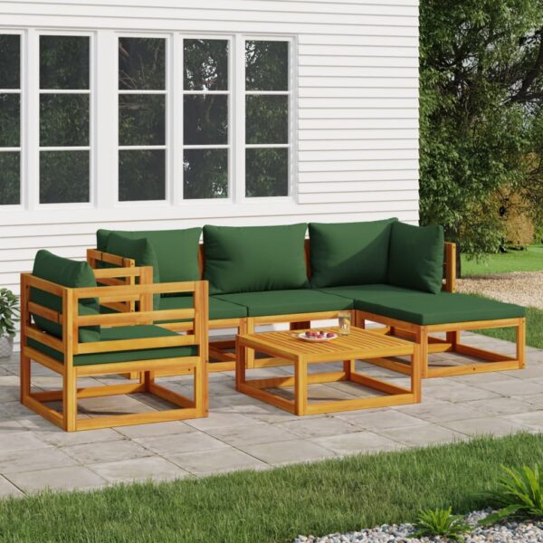 6-delige Loungeset met groene kussens massief hout