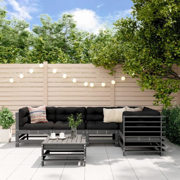 6-delige Loungeset met kussens massief hout grijs