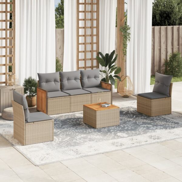 6-delige Loungeset met kussens poly rattan beige