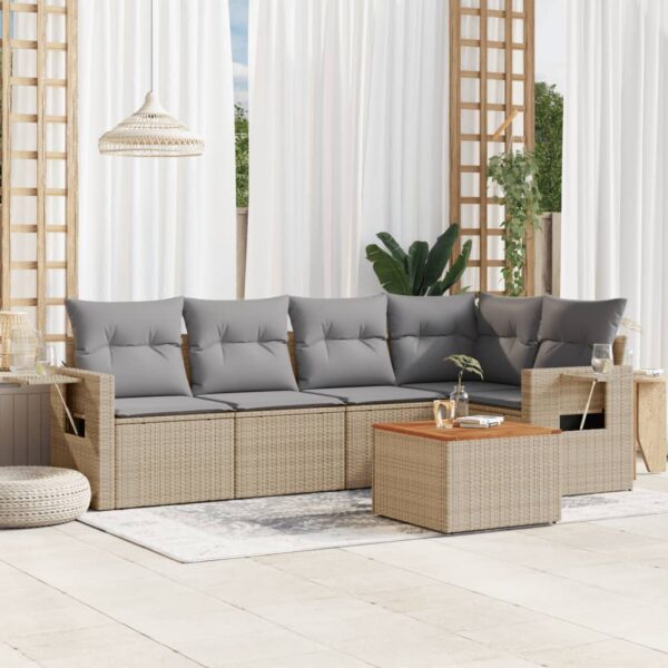 6-delige Loungeset met kussens poly rattan beige
