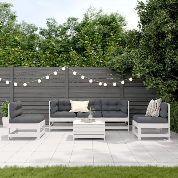 6-delige Loungeset met kussens massief grenenhout wit