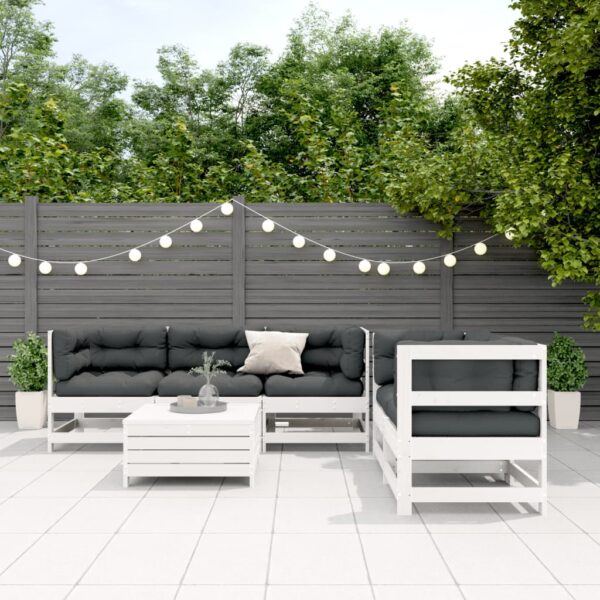 6-delige Loungeset met kussens massief grenenhout wit