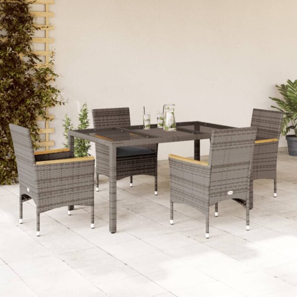 5-delige Tuinset met kussens poly rattan en glas grijs